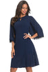 Sexy Navy Pompom Trim Bell Sleeve Chiffon Skater Dress